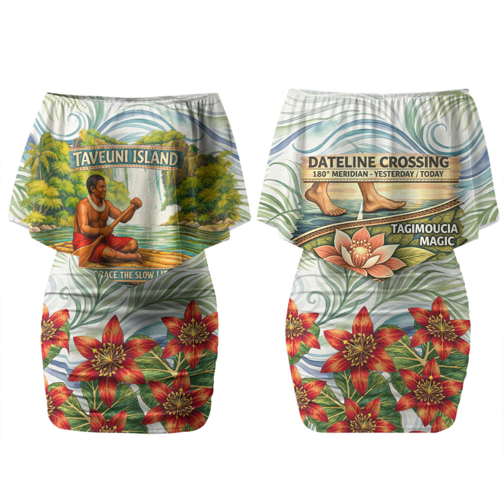 Fiji Taveuni Island Dateline Crossing Couples Matching Off Shoulder Short Dress and Long Sleeve Button Shirt Tropical Cultural Landscape With Tagimoucia Floral Pattern