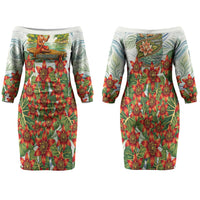 Fiji Taveuni Island Dateline Crossing Couples Matching Off The Shoulder Long Sleeve Dress and Long Sleeve Button Shirt Tropical Cultural Landscape With Tagimoucia Floral Pattern