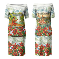 Fiji Taveuni Island Dateline Crossing Couples Matching Puletasi and Long Sleeve Button Shirt Tropical Cultural Landscape With Tagimoucia Floral Pattern