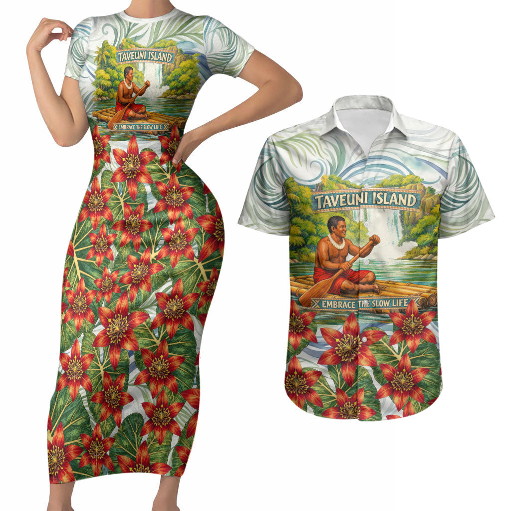 Fiji Taveuni Island Dateline Crossing Couples Matching Short Sleeve Bodycon Dress and Hawaiian Shirt Tropical Cultural Landscape With Tagimoucia Floral Pattern