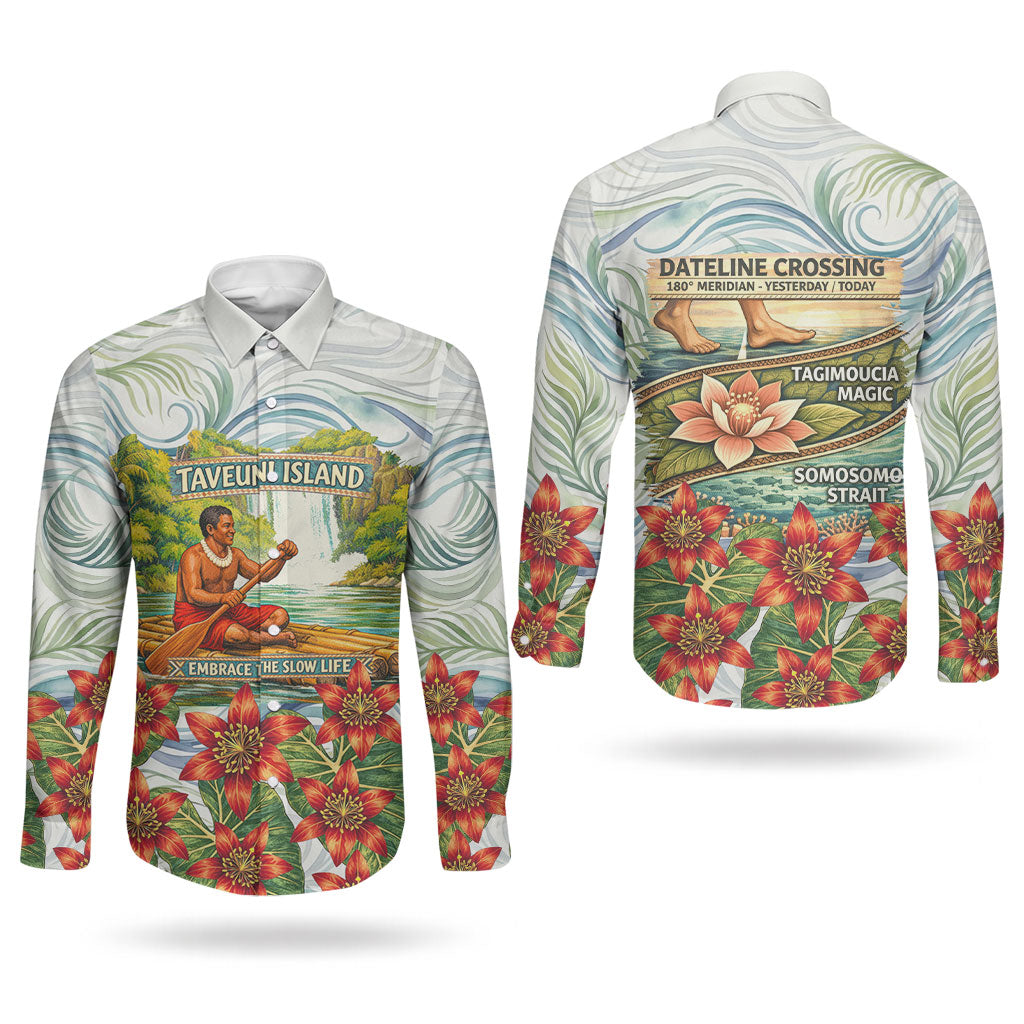 Fiji Taveuni Island Dateline Crossing Couples Matching Tank Maxi Dress and Long Sleeve Button Shirt Tropical Cultural Landscape With Tagimoucia Floral Pattern