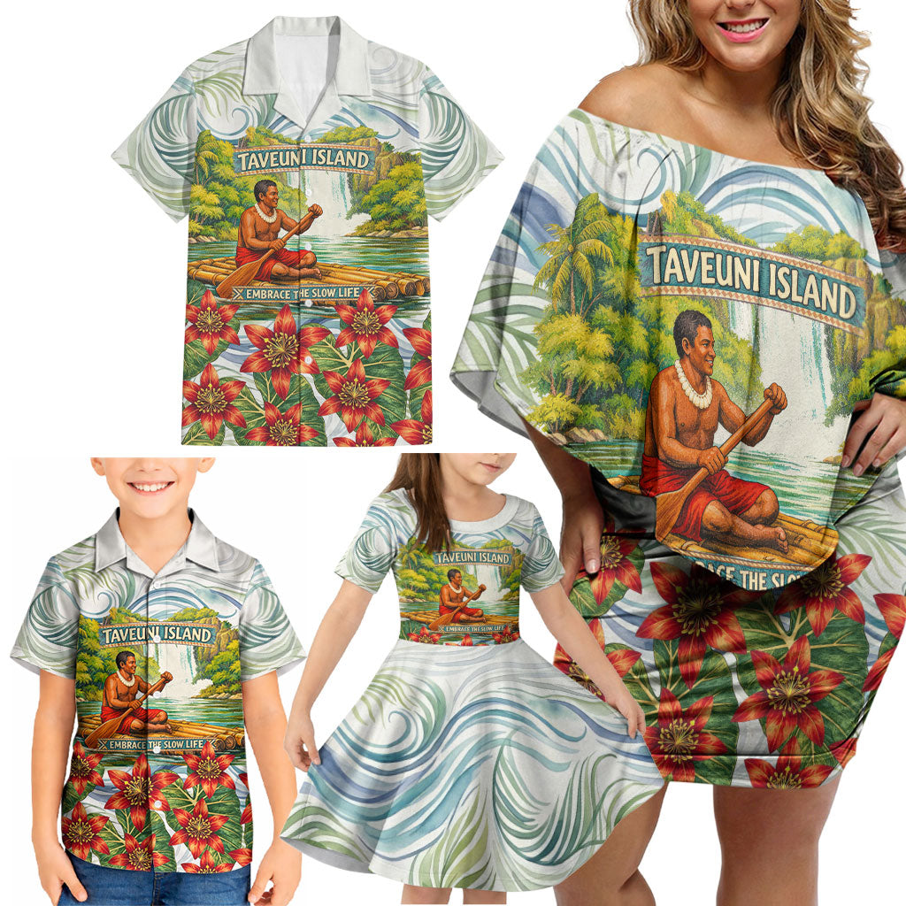 Fiji Taveuni Island Dateline Crossing Family Matching Off Shoulder Short Dress and Hawaiian Shirt Tropical Cultural Landscape With Tagimoucia Floral Pattern