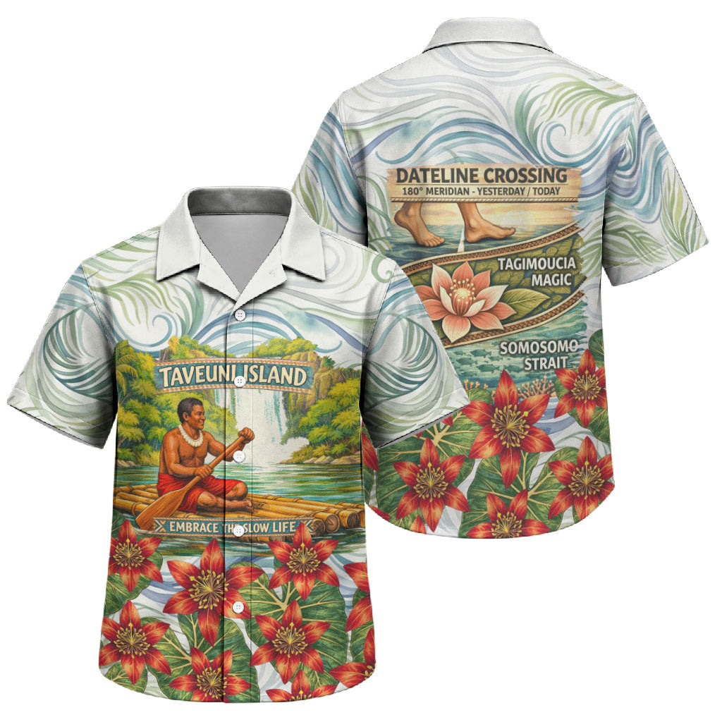 Fiji Taveuni Island Dateline Crossing Family Matching Off Shoulder Short Dress and Hawaiian Shirt Tropical Cultural Landscape With Tagimoucia Floral Pattern