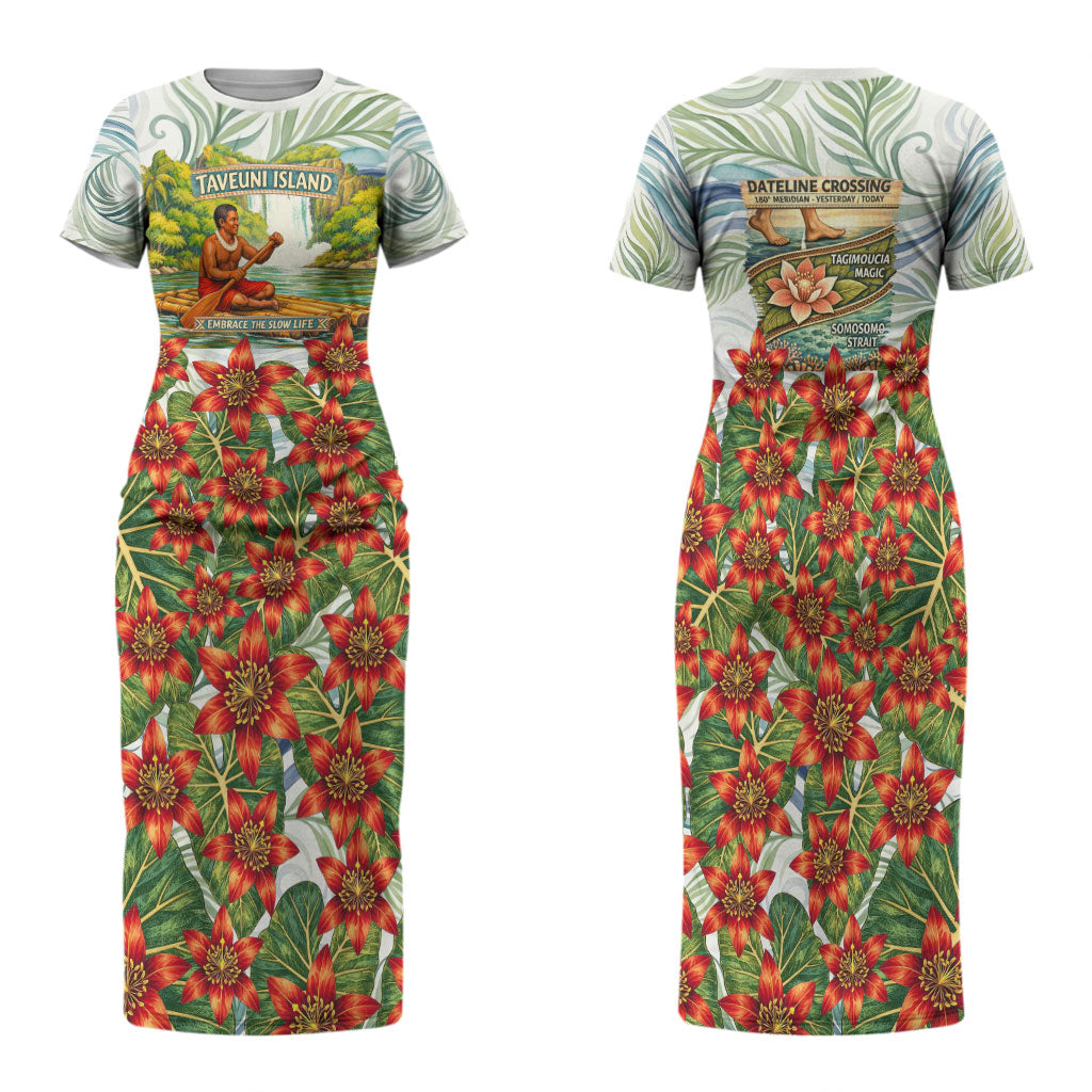 Fiji Taveuni Island Dateline Crossing Family Matching Short Sleeve Bodycon Dress and Hawaiian Shirt Tropical Cultural Landscape With Tagimoucia Floral Pattern