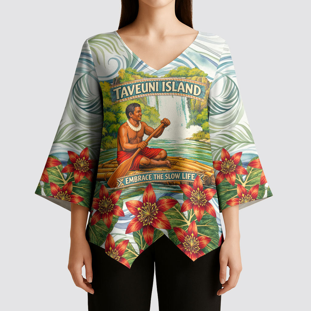 Fiji Taveuni Island Dateline Crossing Kimono Sleeve Blouse Tropical Cultural Landscape With Tagimoucia Floral Pattern