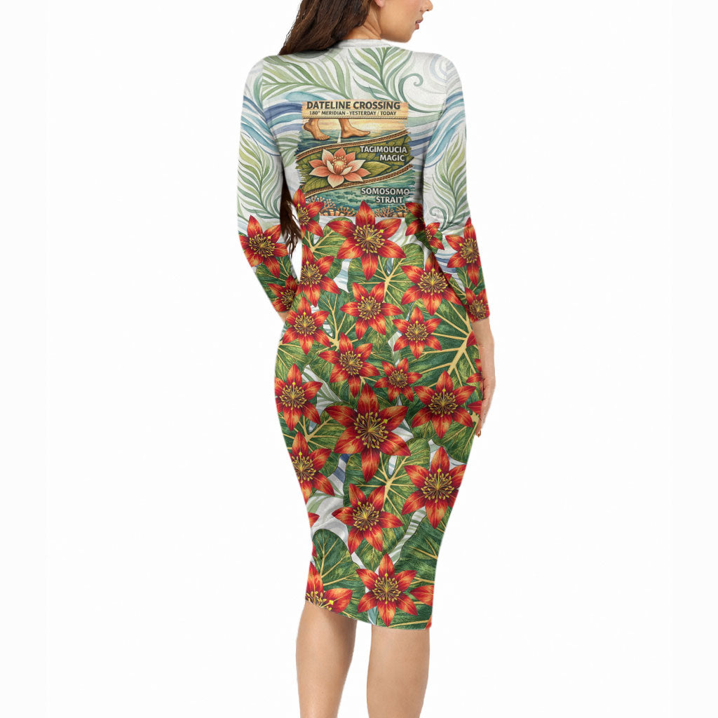 Fiji Taveuni Island Dateline Crossing Long Sleeve Bodycon Dress Tropical Cultural Landscape With Tagimoucia Floral Pattern