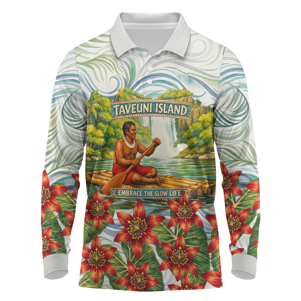 Fiji Taveuni Island Dateline Crossing Long Sleeve Polo Shirt Tropical Cultural Landscape With Tagimoucia Floral Pattern TS04 White Green - Polynesian Pride