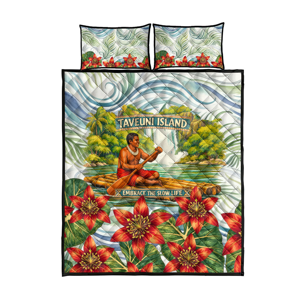 Fiji Taveuni Island Dateline Crossing Quilt Bed Set Tropical Cultural Landscape With Tagimoucia Floral Pattern