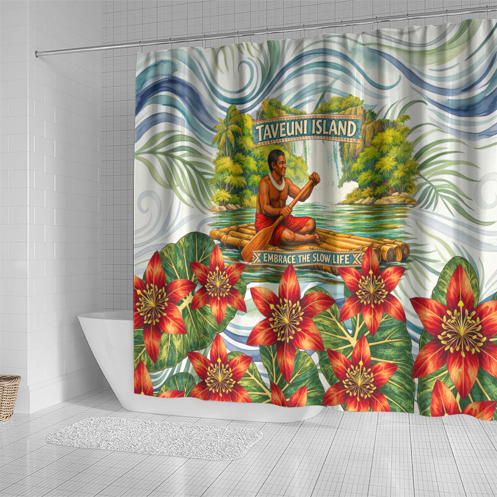 Fiji Taveuni Island Dateline Crossing Shower Curtain Tropical Cultural Landscape With Tagimoucia Floral Pattern