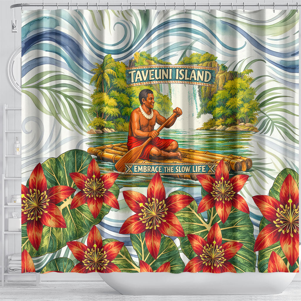 Fiji Taveuni Island Dateline Crossing Shower Curtain Tropical Cultural Landscape With Tagimoucia Floral Pattern
