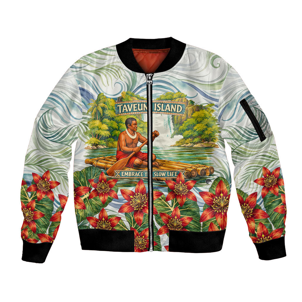 Fiji Taveuni Island Dateline Crossing Sleeve Zip Bomber Jacket Tropical Cultural Landscape With Tagimoucia Floral Pattern