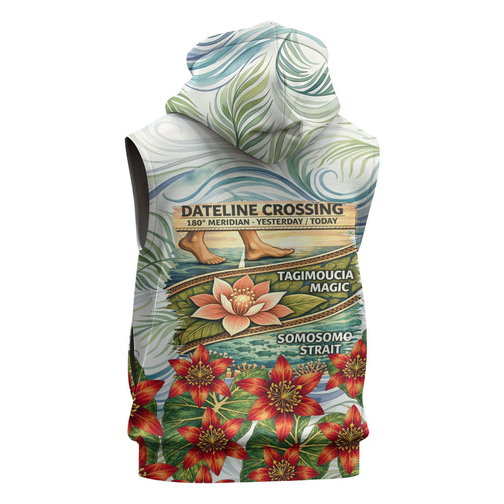 Fiji Taveuni Island Dateline Crossing Sleeveless Hoodie Tropical Cultural Landscape With Tagimoucia Floral Pattern