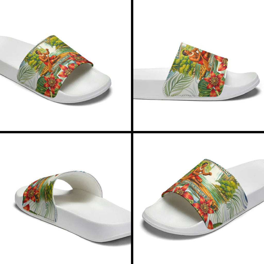 Fiji Taveuni Island Dateline Crossing Slide Sandals Tropical Cultural Landscape With Tagimoucia Floral Pattern