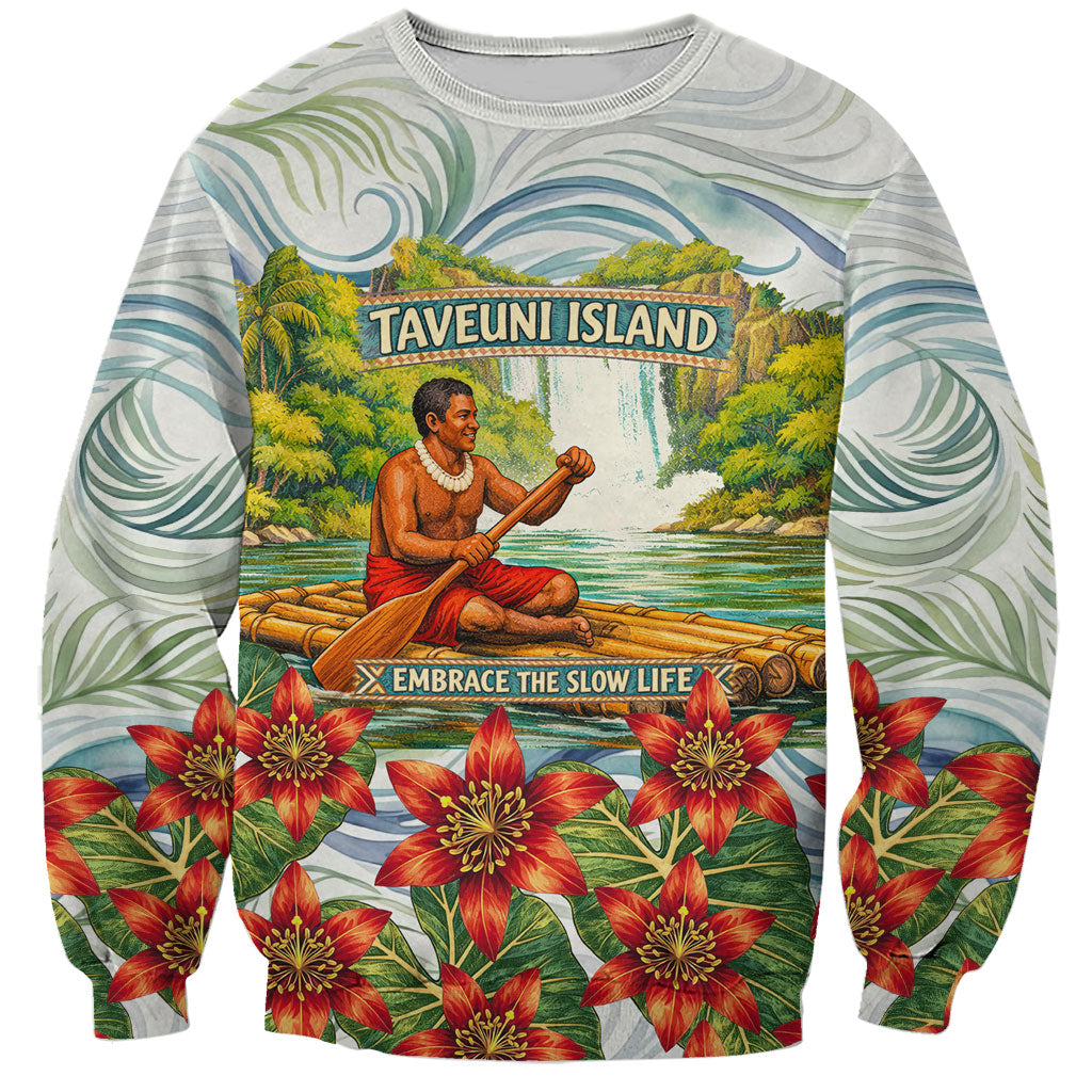 Fiji Taveuni Island Dateline Crossing Sweatshirt Tropical Cultural Landscape With Tagimoucia Floral Pattern TS04 Unisex White Green - Polynesian Pride