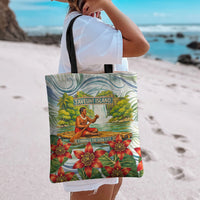 Fiji Taveuni Island Dateline Crossing Tote Bag Tropical Cultural Landscape With Tagimoucia Floral Pattern