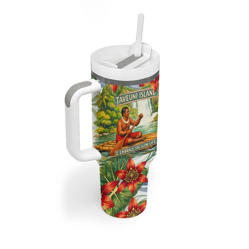 Fiji Taveuni Island Dateline Crossing Tumbler With Handle Tropical Cultural Landscape With Tagimoucia Floral Pattern