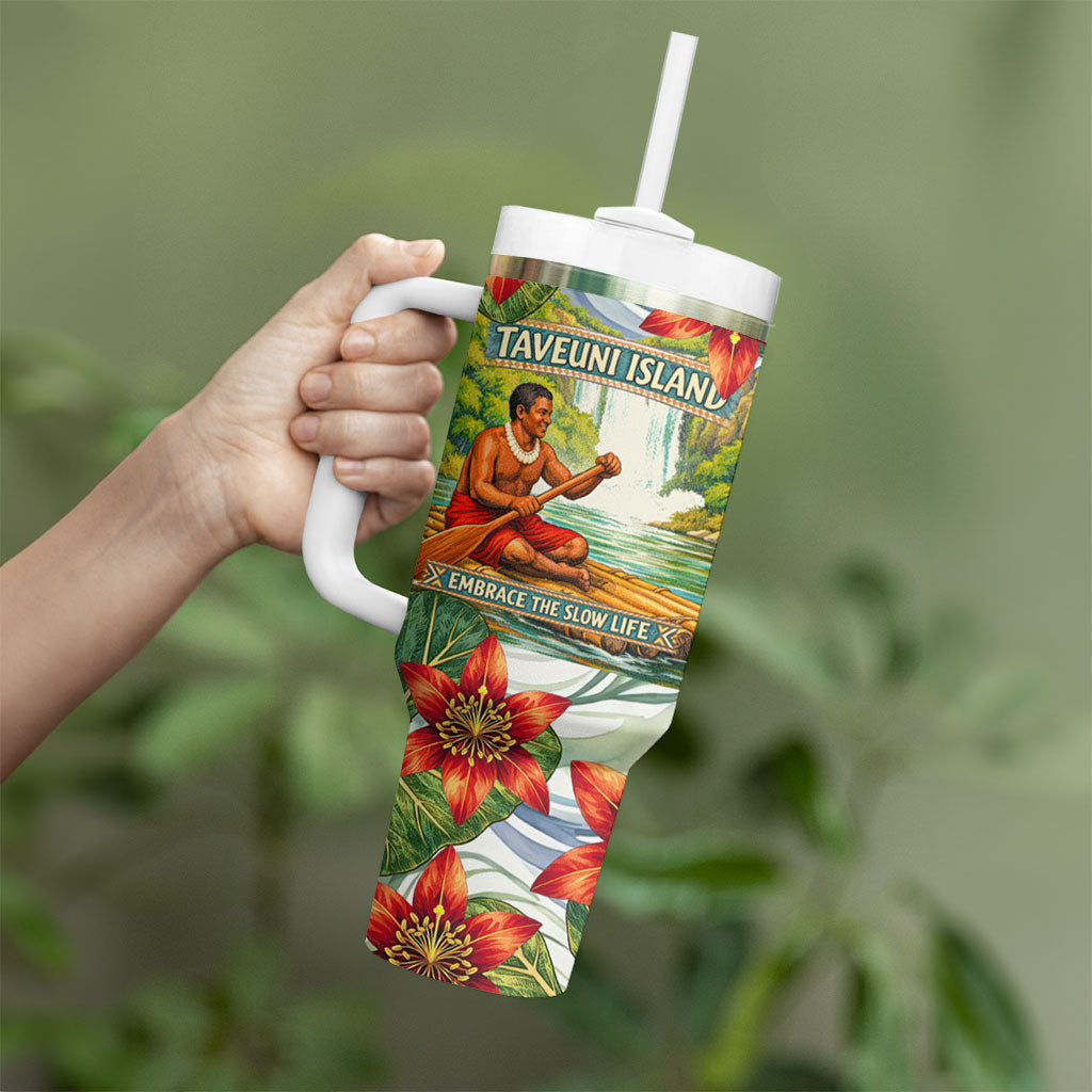 Fiji Taveuni Island Dateline Crossing Tumbler With Handle Tropical Cultural Landscape With Tagimoucia Floral Pattern