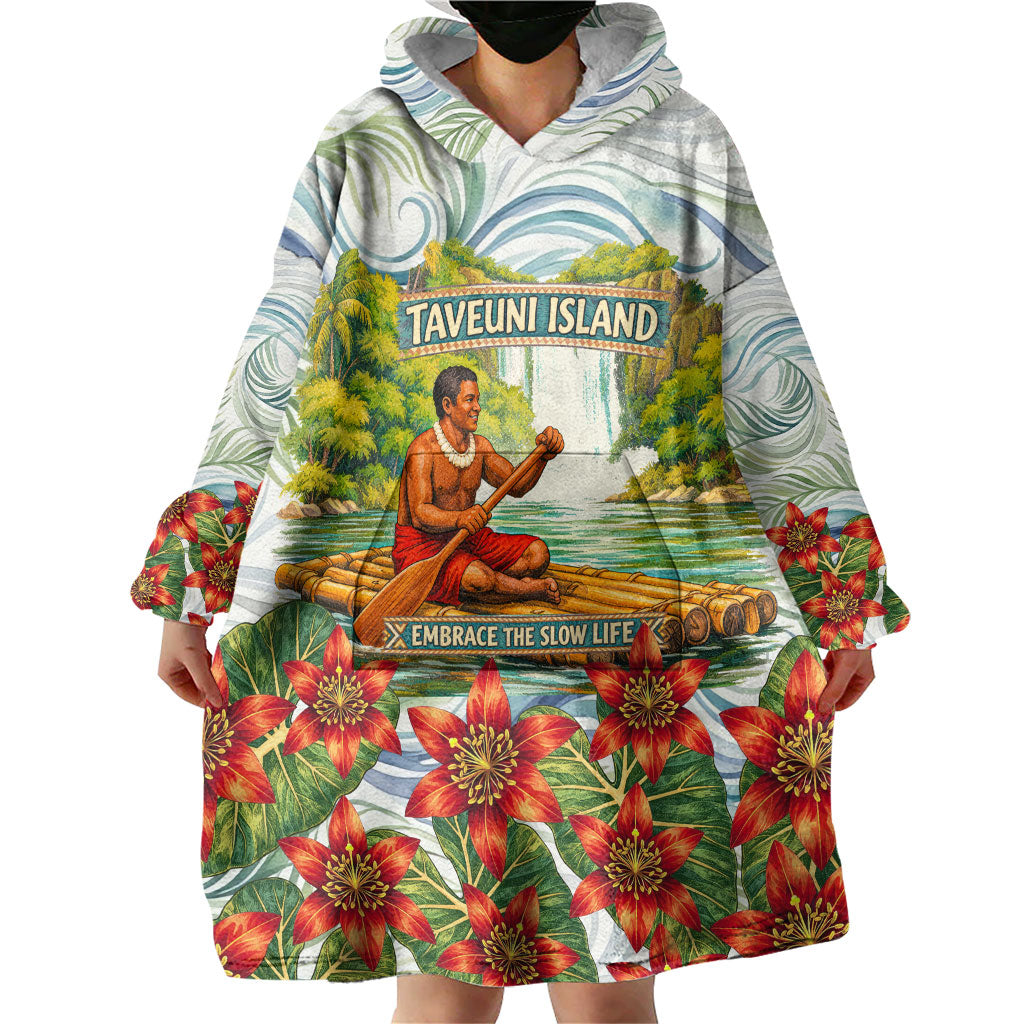Fiji Taveuni Island Dateline Crossing Wearable Blanket Hoodie Tropical Cultural Landscape With Tagimoucia Floral Pattern