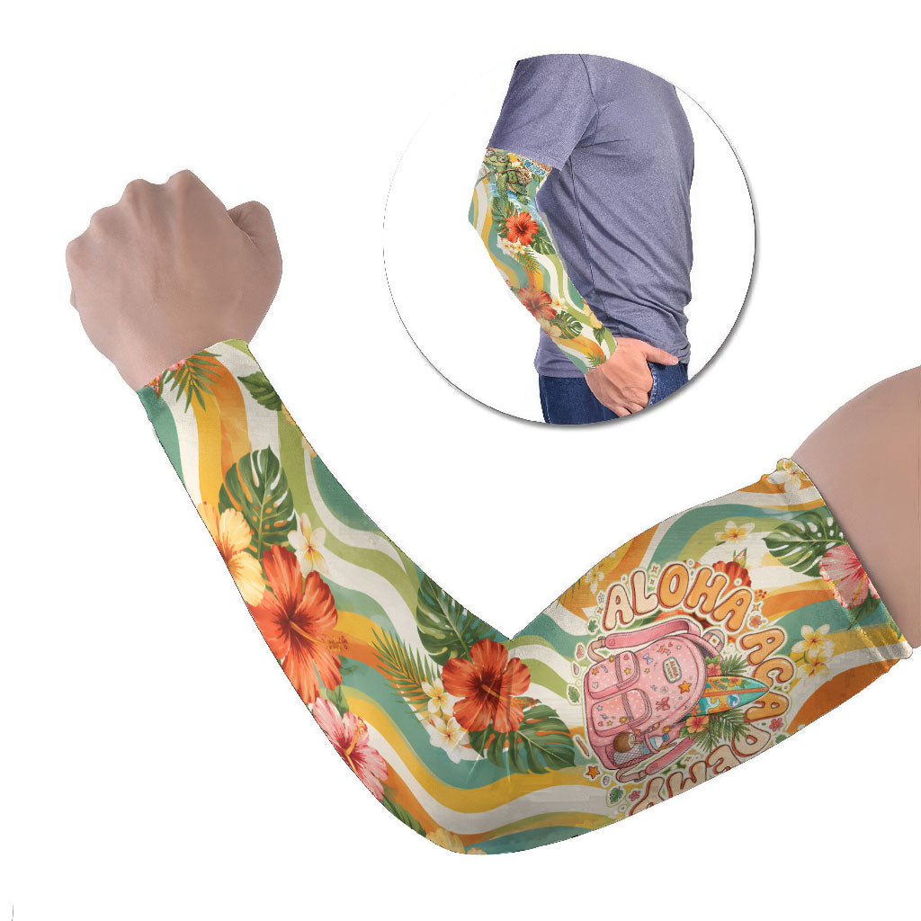 Hawaii Aloha Academy Back To School Arm Sleeves Sea Turtle Tropical Hibiscus Flowers Retro Psychedelic