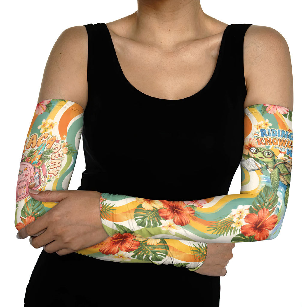 Hawaii Aloha Academy Back To School Arm Sleeves Sea Turtle Tropical Hibiscus Flowers Retro Psychedelic