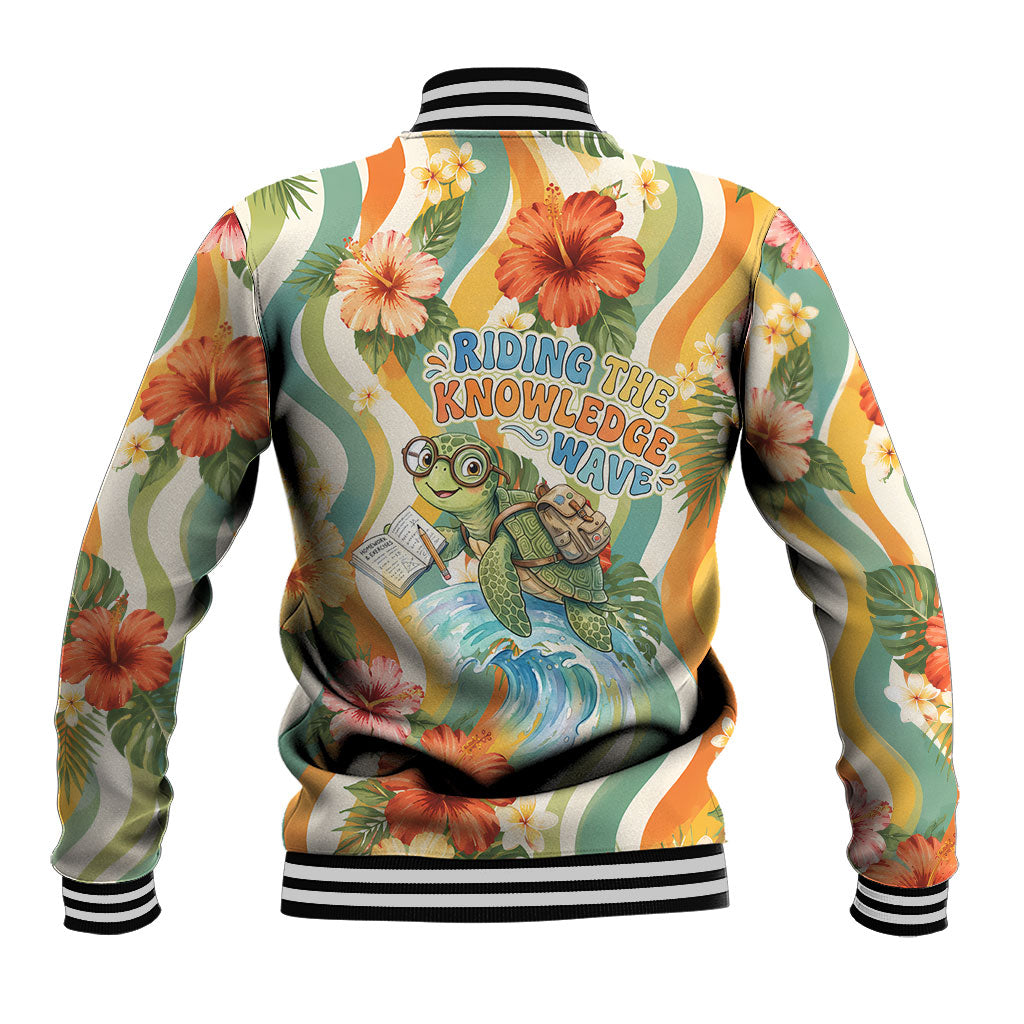 Hawaii Aloha Academy Back To School Baseball Jacket Sea Turtle Tropical Hibiscus Flowers Retro Psychedelic