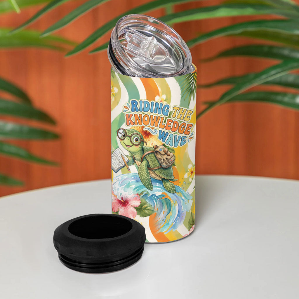 Hawaii Aloha Academy Back To School 4 in 1 Can Cooler Tumbler Sea Turtle Tropical Hibiscus Flowers Retro Psychedelic
