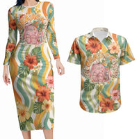 Hawaii Aloha Academy Back To School Couples Matching Long Sleeve Bodycon Dress and Hawaiian Shirt Sea Turtle Tropical Hibiscus Flowers Retro Psychedelic