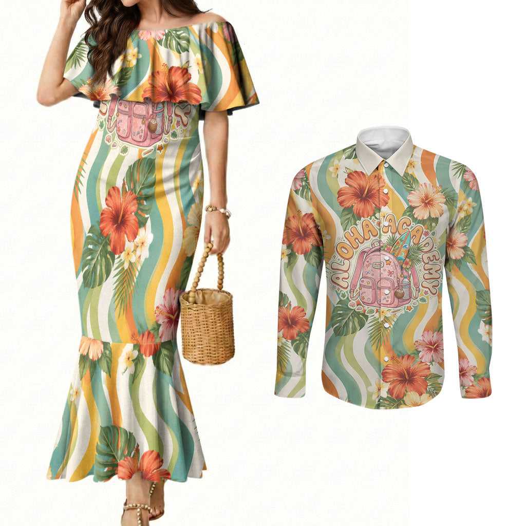 Hawaii Aloha Academy Back To School Couples Matching Mermaid Dress and Long Sleeve Button Shirt Sea Turtle Tropical Hibiscus Flowers Retro Psychedelic