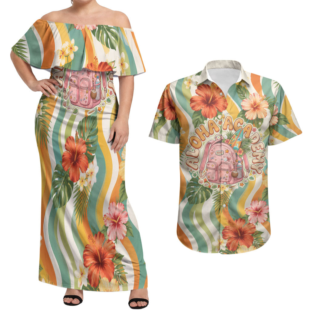 Hawaii Aloha Academy Back To School Couples Matching Off Shoulder Maxi Dress and Hawaiian Shirt Sea Turtle Tropical Hibiscus Flowers Retro Psychedelic TS04 Orange Green - Polynesian Pride