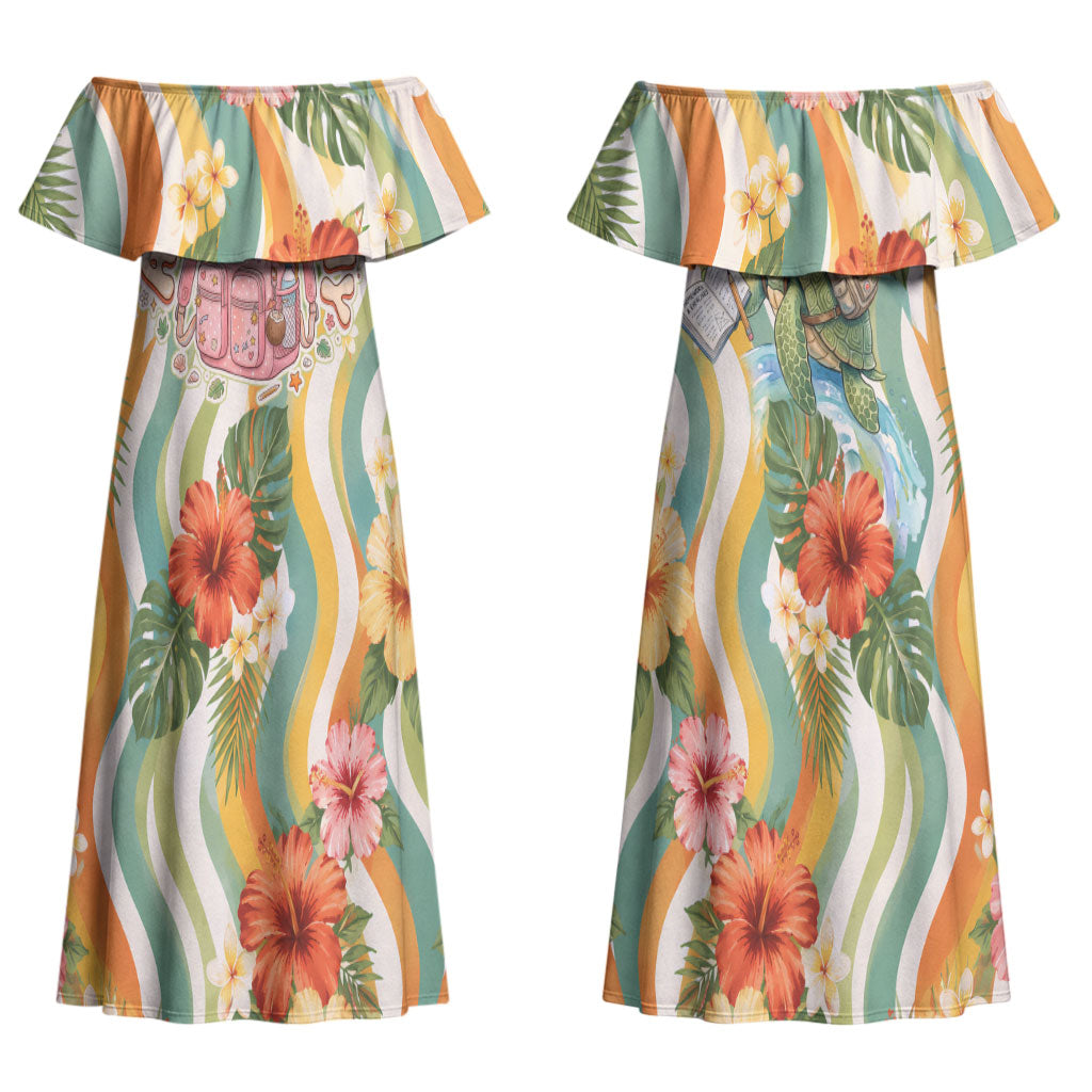 Hawaii Aloha Academy Back To School Couples Matching Off Shoulder Maxi Dress and Hawaiian Shirt Sea Turtle Tropical Hibiscus Flowers Retro Psychedelic