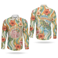 Hawaii Aloha Academy Back To School Couples Matching Off Shoulder Maxi Dress and Long Sleeve Button Shirt Sea Turtle Tropical Hibiscus Flowers Retro Psychedelic