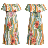 Hawaii Aloha Academy Back To School Couples Matching Off Shoulder Maxi Dress and Long Sleeve Button Shirt Sea Turtle Tropical Hibiscus Flowers Retro Psychedelic