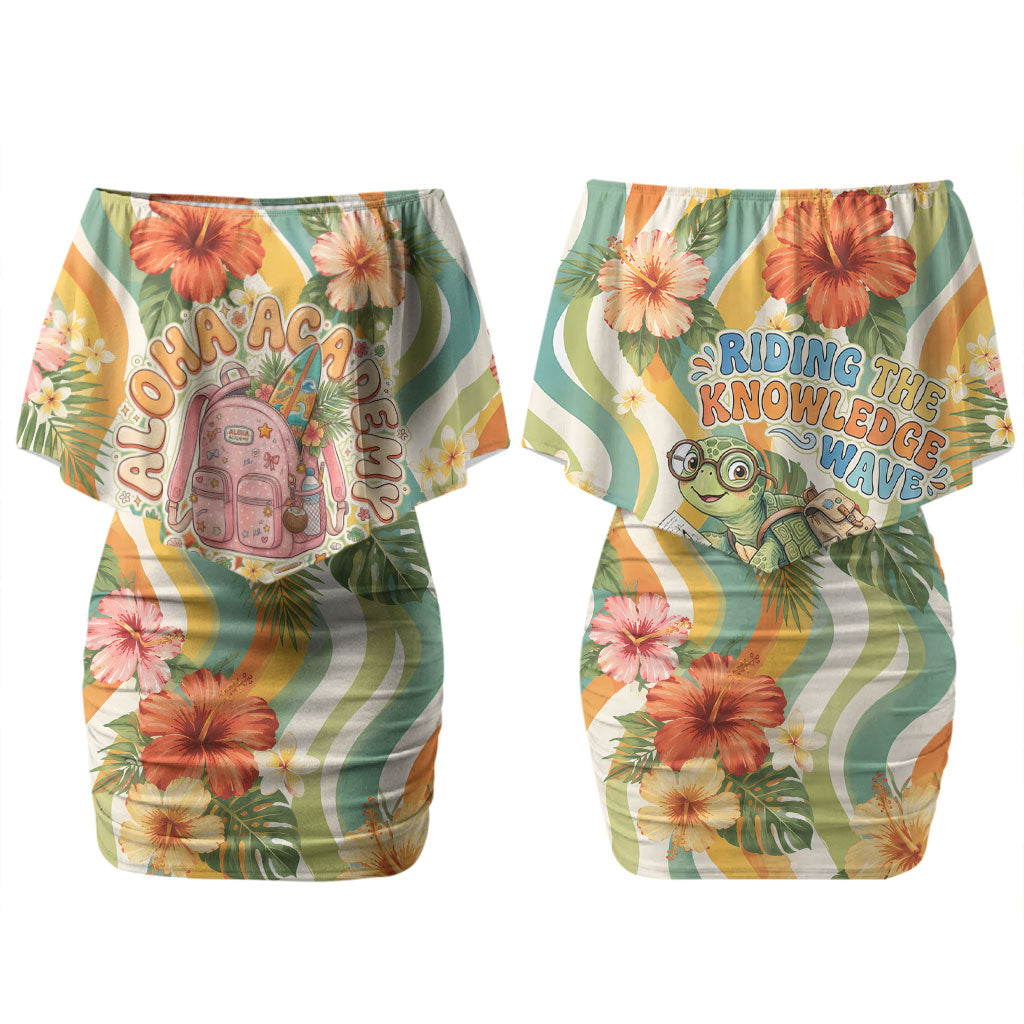 Hawaii Aloha Academy Back To School Couples Matching Off Shoulder Short Dress and Long Sleeve Button Shirt Sea Turtle Tropical Hibiscus Flowers Retro Psychedelic
