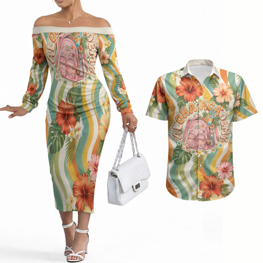 Hawaii Aloha Academy Back To School Couples Matching Off The Shoulder Long Sleeve Dress and Hawaiian Shirt Sea Turtle Tropical Hibiscus Flowers Retro Psychedelic