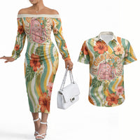 Hawaii Aloha Academy Back To School Couples Matching Off The Shoulder Long Sleeve Dress and Hawaiian Shirt Sea Turtle Tropical Hibiscus Flowers Retro Psychedelic