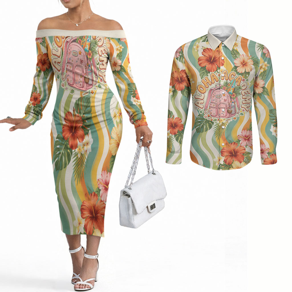 Hawaii Aloha Academy Back To School Couples Matching Off The Shoulder Long Sleeve Dress and Long Sleeve Button Shirt Sea Turtle Tropical Hibiscus Flowers Retro Psychedelic