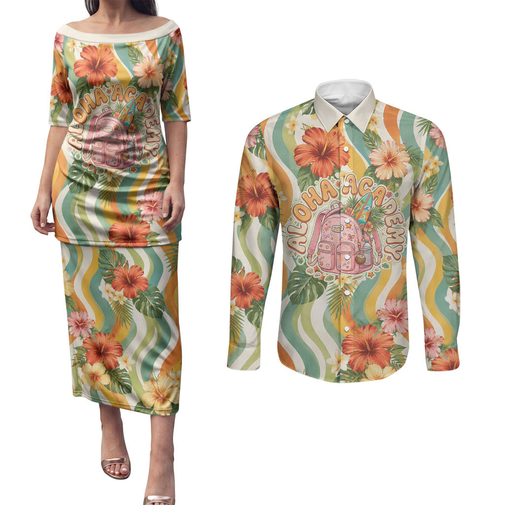 Hawaii Aloha Academy Back To School Couples Matching Puletasi and Long Sleeve Button Shirt Sea Turtle Tropical Hibiscus Flowers Retro Psychedelic