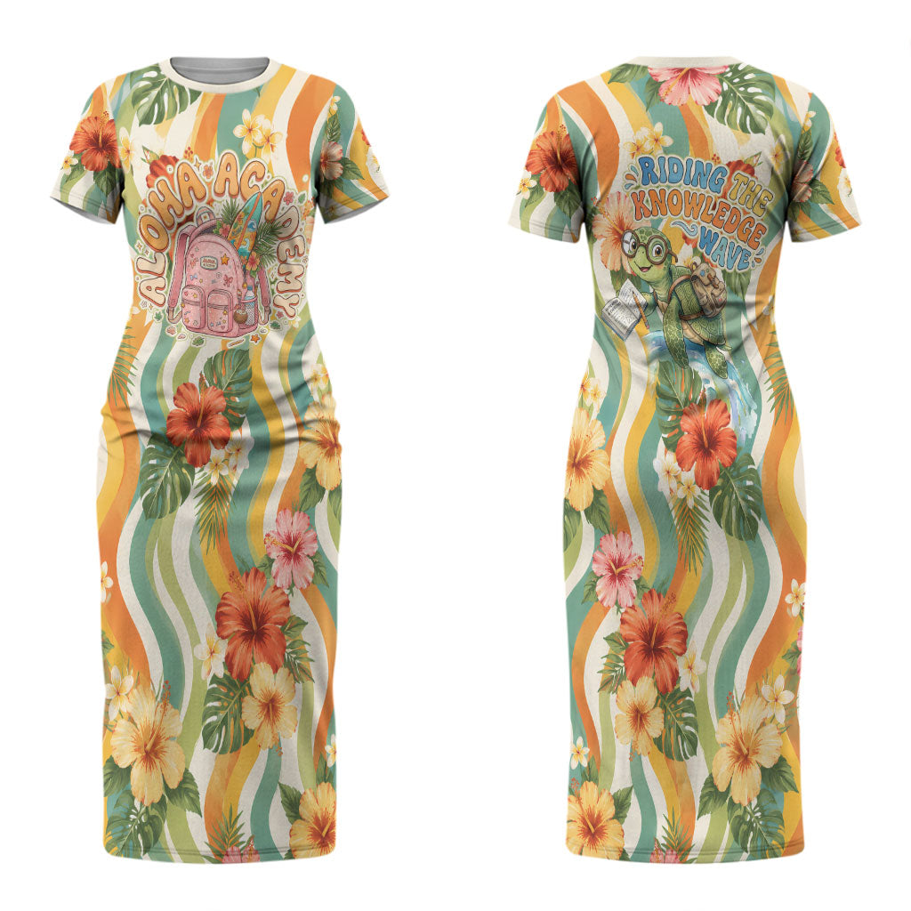 Hawaii Aloha Academy Back To School Couples Matching Short Sleeve Bodycon Dress and Hawaiian Shirt Sea Turtle Tropical Hibiscus Flowers Retro Psychedelic