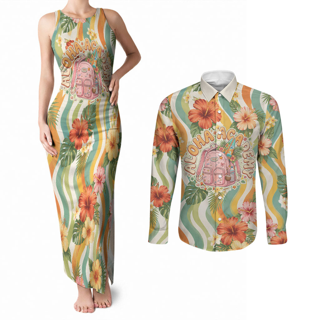 Hawaii Aloha Academy Back To School Couples Matching Tank Maxi Dress and Long Sleeve Button Shirt Sea Turtle Tropical Hibiscus Flowers Retro Psychedelic