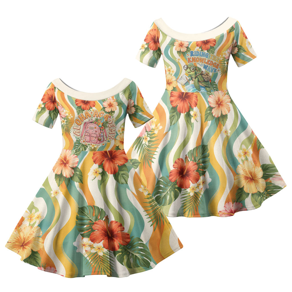 Hawaii Aloha Academy Back To School Family Matching Off The Shoulder Long Sleeve Dress and Hawaiian Shirt Sea Turtle Tropical Hibiscus Flowers Retro Psychedelic