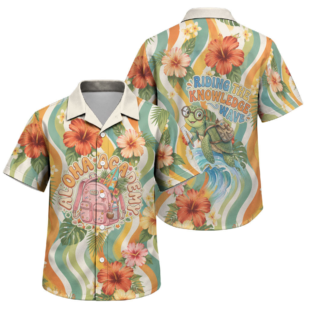 Hawaii Aloha Academy Back To School Family Matching Off Shoulder Short Dress and Hawaiian Shirt Sea Turtle Tropical Hibiscus Flowers Retro Psychedelic