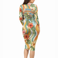 Hawaii Aloha Academy Back To School Long Sleeve Bodycon Dress Sea Turtle Tropical Hibiscus Flowers Retro Psychedelic