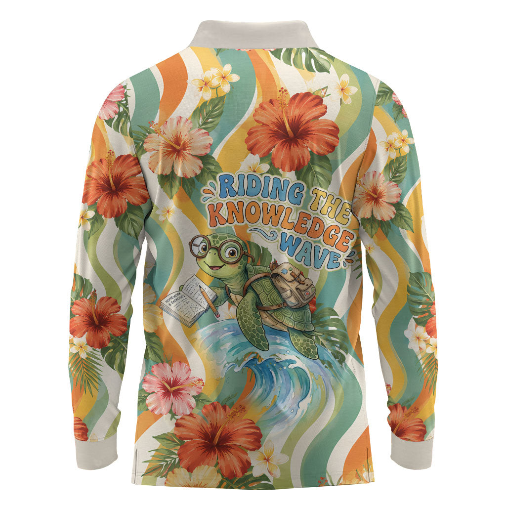Hawaii Aloha Academy Back To School Long Sleeve Polo Shirt Sea Turtle Tropical Hibiscus Flowers Retro Psychedelic