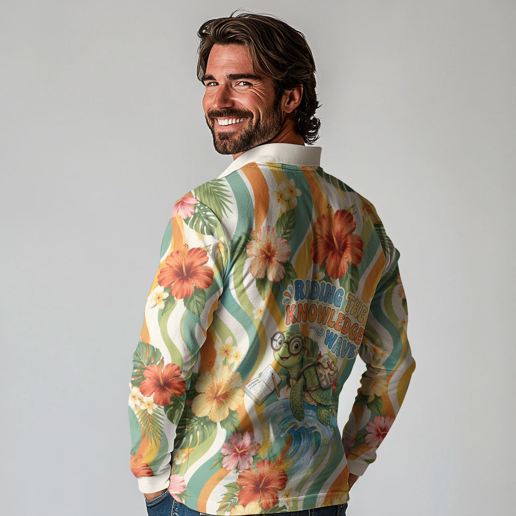 Hawaii Aloha Academy Back To School Long Sleeve Polo Shirt Sea Turtle Tropical Hibiscus Flowers Retro Psychedelic