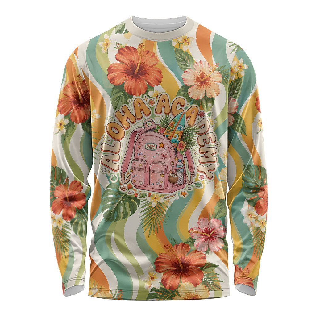 Hawaii Aloha Academy Back To School Long Sleeve Shirt Sea Turtle Tropical Hibiscus Flowers Retro Psychedelic