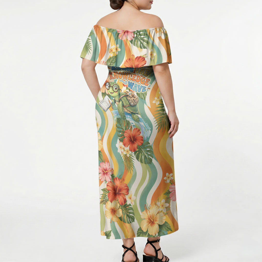 Hawaii Aloha Academy Back To School Off Shoulder Maxi Dress Sea Turtle Tropical Hibiscus Flowers Retro Psychedelic