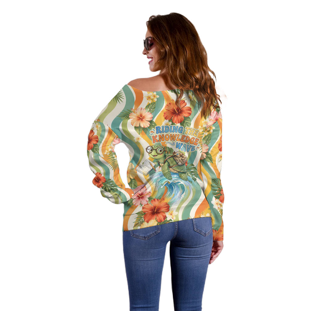 Hawaii Aloha Academy Back To School Off Shoulder Sweater Sea Turtle Tropical Hibiscus Flowers Retro Psychedelic