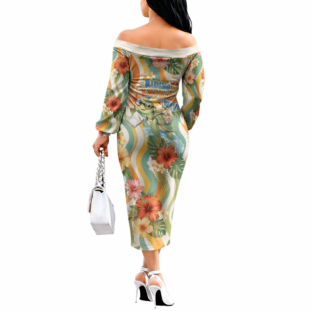 Hawaii Aloha Academy Back To School Off The Shoulder Long Sleeve Dress Sea Turtle Tropical Hibiscus Flowers Retro Psychedelic