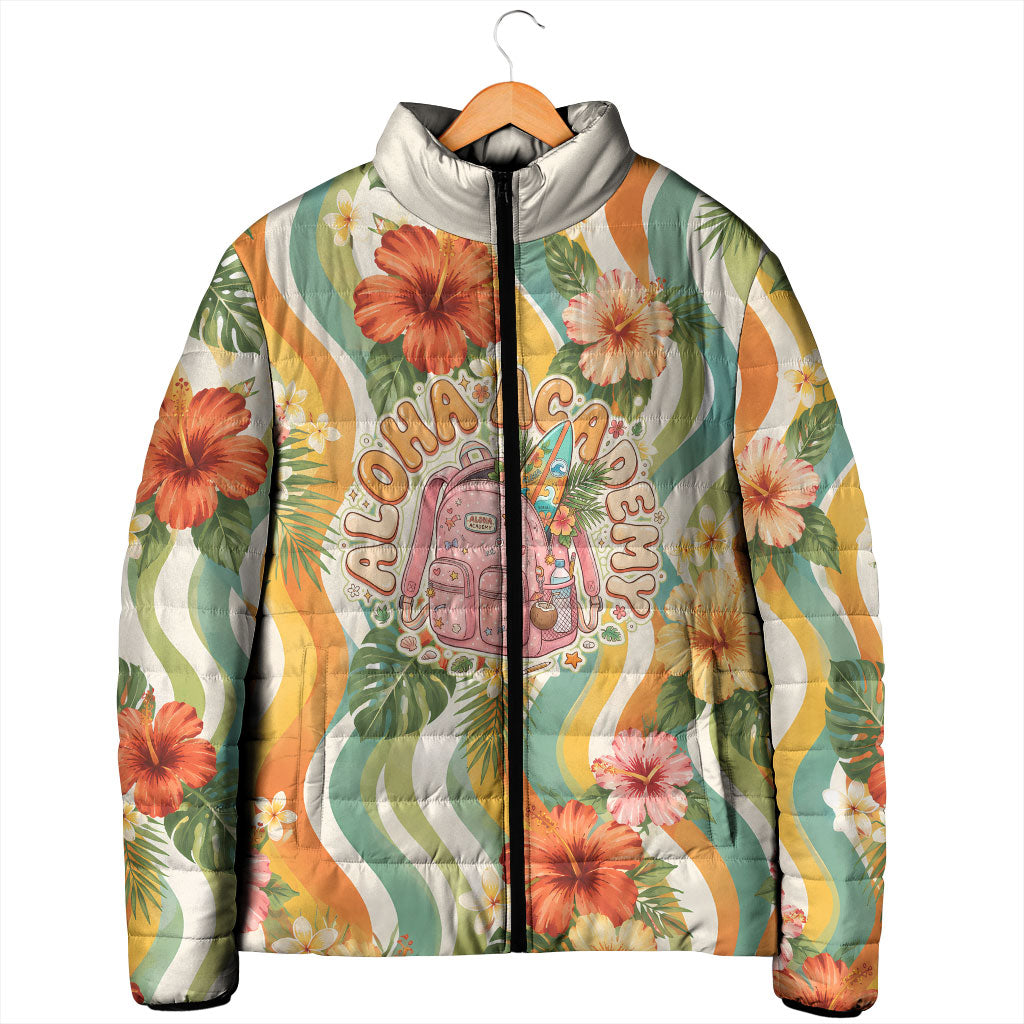 Hawaii Aloha Academy Back To School Padded Jacket Sea Turtle Tropical Hibiscus Flowers Retro Psychedelic