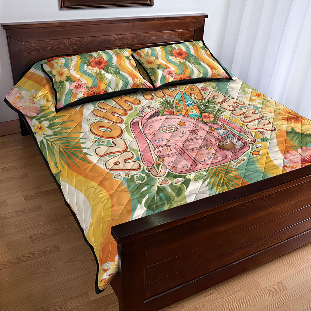 Hawaii Aloha Academy Back To School Quilt Bed Set Sea Turtle Tropical Hibiscus Flowers Retro Psychedelic